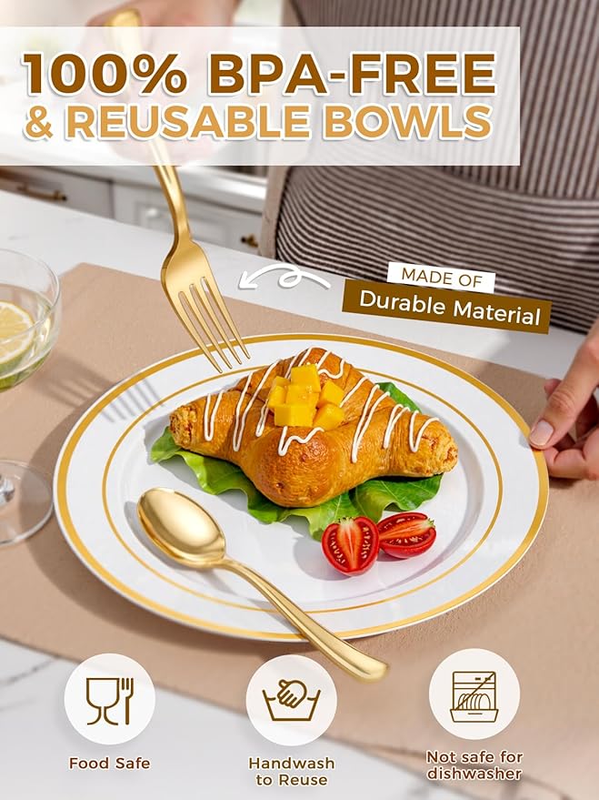 WDF 120 pieces Gold Disposable Plastic Plates - White and Gold Plates Include 10.25" Dinner Plate & 7.5" Salad Plate for Party Baby Shower Wedding Spring