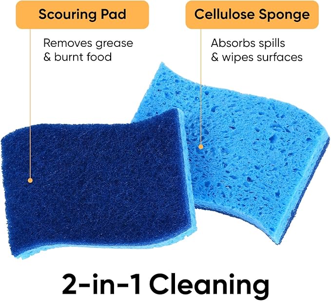 Superio Non-Scratch Cellulose Sponge Kitchen Scrub Sponges with Scouring Pad Set, Good for Non-Stick Cookware Frying Pan, Pot, Counter Top, Sink Scrubbing, Kitchen Scrubbers, Pack of 1, Blue