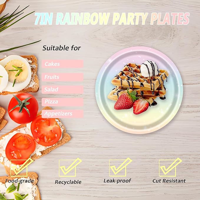 72 Pcs Pastel Rainbow Paper Plates 7in Disposable Birthday Dessert Plates Napkins and Forks Party Tableware Set Decoration Supplies for Girls Birthday Baby Shower Wedding Graduation Party, Serve 24