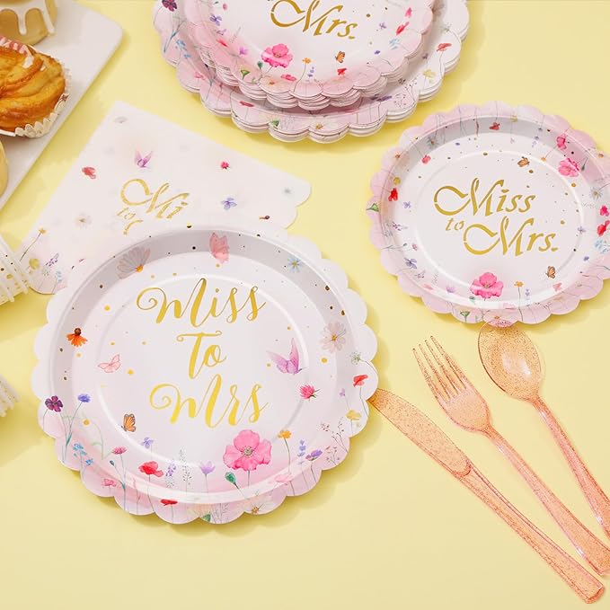 Wildflower Bridal Shower Decorations, Bridal Shower Plates and Napkins Sets 168Pcs, Miss to Mrs Wildflower Plates Serves 24, Love is In Bloom, Wedding Shower, Engagement Party
