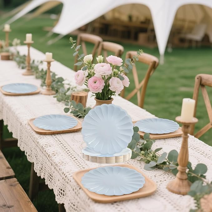 50Pcs Large Scalloped Light Blue Paper Plates 9Inch Shell Edge Dinner Plates for Cake Salad Fruit Disposable Dinner Serving Plates for Birthday Wedding Baby Shower Party Decorations