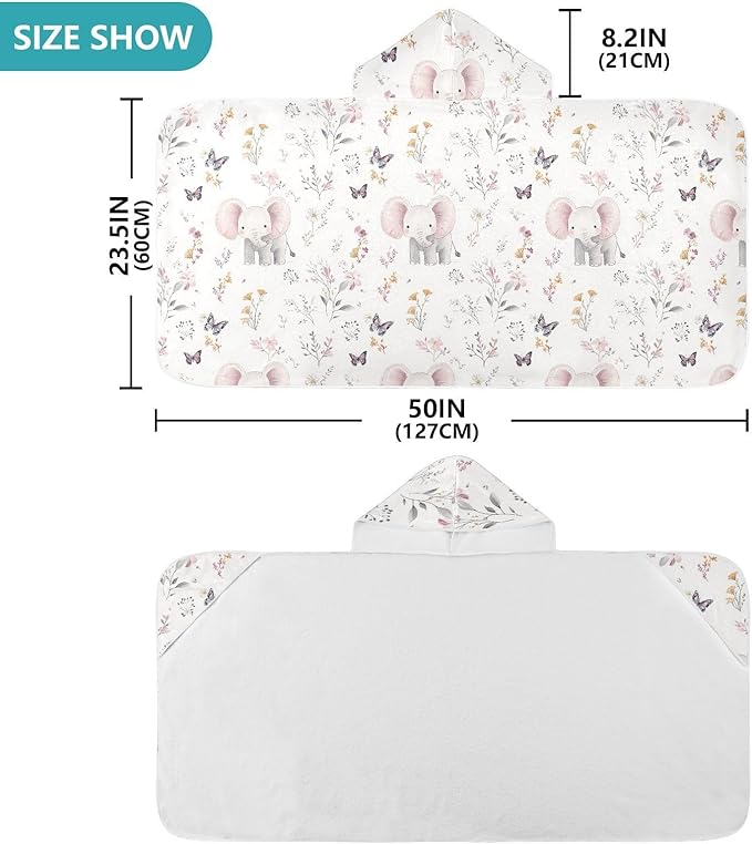 Kids Hooded Beach Towel Cartoon Cute Eelephant and Flowers Hooded Beach Bath Towel Quick Dry Toddler Bath Towels