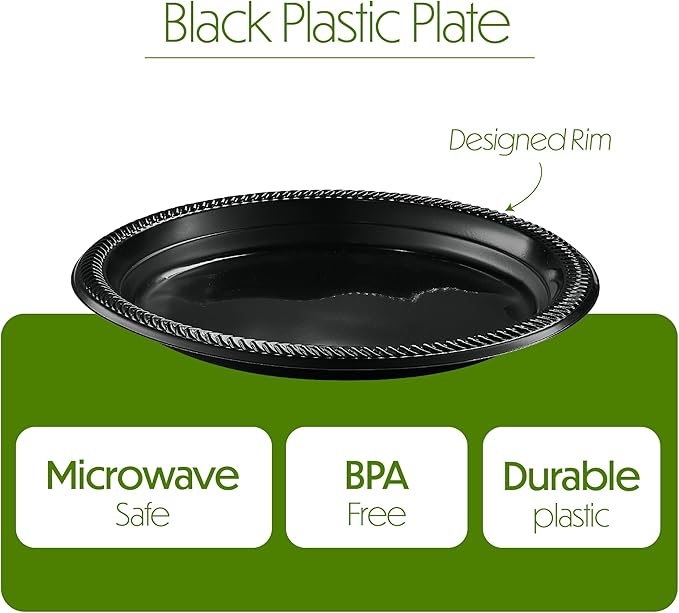 PLASTICPRO 100 PCS Black Plastic Plates Light Weight 9 Inch Plastic Dinner Plates Black Plates Disposable for Party and Wedding