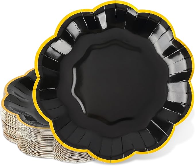 AimFun 24 Pcs Graduation Black and Gold Scalloped Paper Plates 7 Inch Disposable Dessert Plates with Gold Foil Elegant Cake Plate for Wedding Birthday Baby Shower Party Supplies