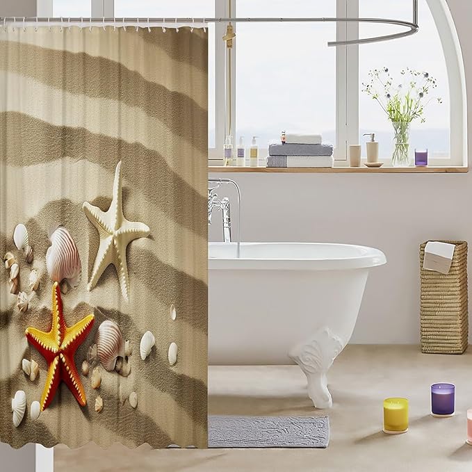 Feelyou Starfish Beach Shower Curtain for Kids Boys Girls Coastal Beach Ocean Shell Print Bathroom Shower Curtain Set Beach Theme Bath Curtain Decor Light Brown Kids Bathroom Accessories 72"x78"