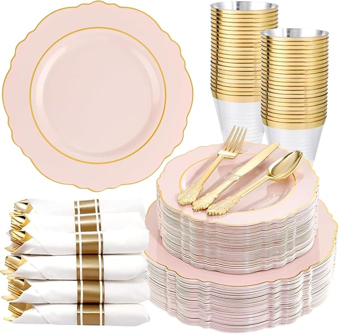 Liacere 350PCS Pink Plates Disposable-PinK Plates 50guest Baroque Plastic Dinnerware include 100Plates, 50Pack Pre Rolled Napkins with Silverware 50Cups Perfect for Wedding & Party