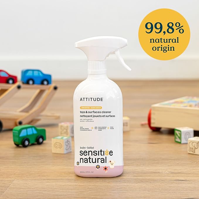 ATTITUDE Baby & Kids Toy Cleaner Spray for Sensitive Skin, EWG Verified, Multi-Surface Cleaner for Toys, High Chairs & Play Areas, Naturally Derived, Vegan, Unscented, 27.1 Fl Oz