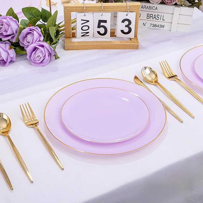 PULOTE 100PCS Purple Plastic Plates Disposable - Include 50 Dinner / 50 Dessert Plates Heavy Duty for Party, Wedding&Birthday
