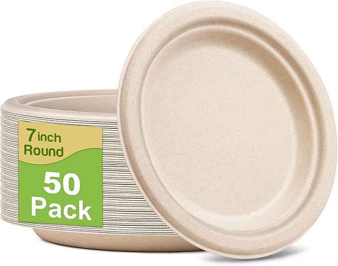 Small Paper Plates, 7 Inch, 50 Pack Disposable, Compostable, Eco Friendly, Heavy Duty for Daily Meals, Natural