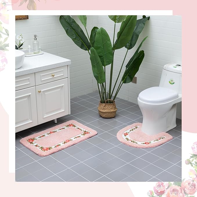 Drydiet 3 Pcs Rose Flowers Bathroom Rugs Set Coquette Room Decor Floral Carpet for Bathroom Bedroom Living Room, Floral Bath Mat Non Skid Romantic Rose Flower Area Rugs 3 Shapes(Pink,Small)