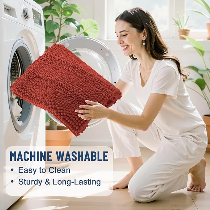 Grandaily Chenille Striped Bathroom Rugs 44x24, Extra Thick and Soft Absorbent Bath Mats, Rubber Backing, Plush Shaggy Shower Carpet, Machine Wash Dry, Bath Rug for Bathroom, Rustic Terracotta