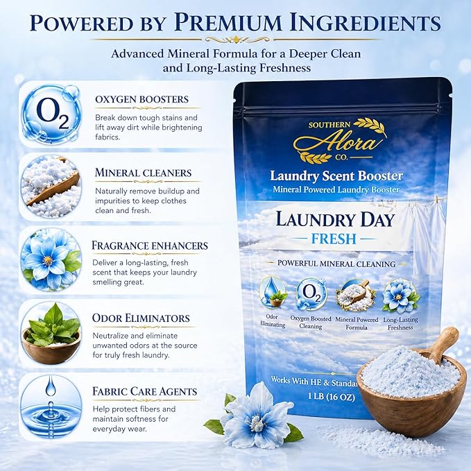 Oxygen Boosted Laundry Scent Booster Powder – Laundry Booster & Odor Eliminator, Laundry Freshener, Deep Clean Detergent Booster, Long Lasting Laundry Scent, HE Safe (1lb) (Laundry Day Fresh)