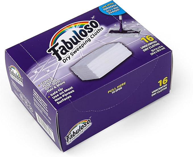 Fabuloso Dry Cloths Sweeping Pads, 16 Count, Disposable Dry Cloths for Use with Fabuloso Dry and Wet Sweeper, Traps and Locks Dirt, Dust, and Hair, 10.4 x 8 Inches Each - 10 Pack