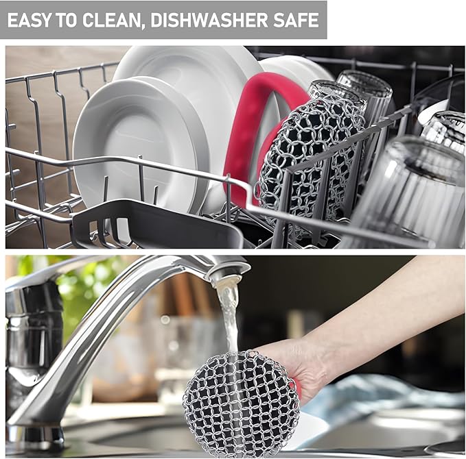 Cast Iron Scrubber with Handle 316L （Ergonomic Non-Slip Grip Cleaner for cast Iron skillets, Pans, and Dutch ovens – Stainless Steel Chainmail Cleaning pad, Durable and Dishwasher Safe）