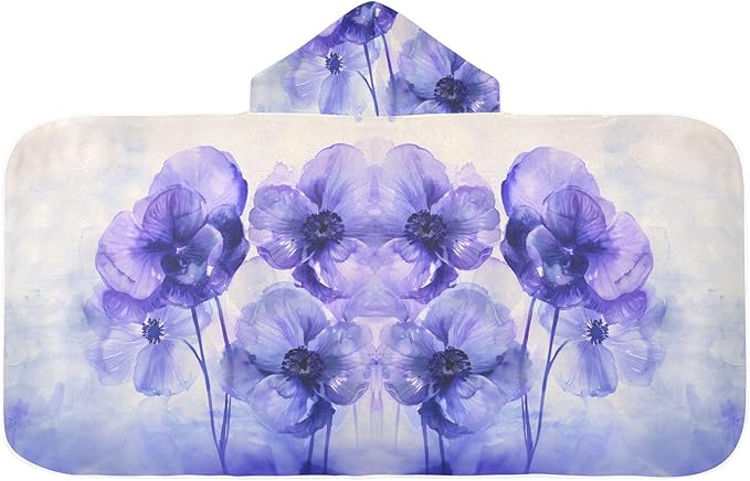 Hooded Towel for Kids Purple and Blue Flowers Water Color Beach Wrap Bath Towels 50x23.5in