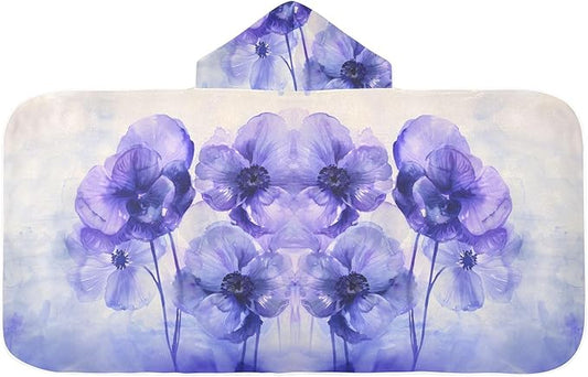 Hooded Towel for Kids Purple and Blue Flowers Water Color Beach Wrap Bath Towels 50x23.5in