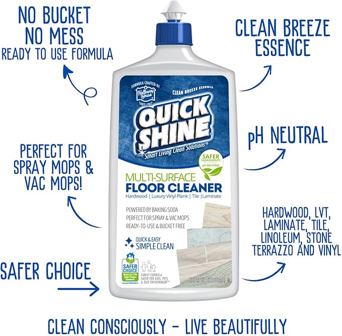 Quick Shine Multi Surface Floor Cleaner 27oz, 2Pk | Ready to Use-Streak Free- No Rinse | Use on Hardwood, Laminate, Luxury Vinyl Plank & Stone | Use in Spray Mops & Vac Mops | Safer Choice Cleaner