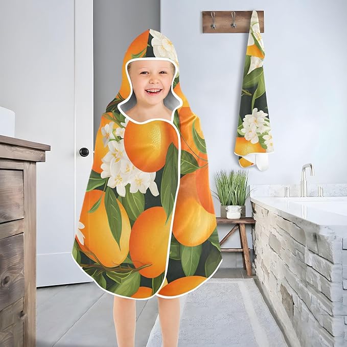 Hooded Towel for Kids Oranges and Blossoms Pattern Beach Wrap Bath Towels 50x23.5in