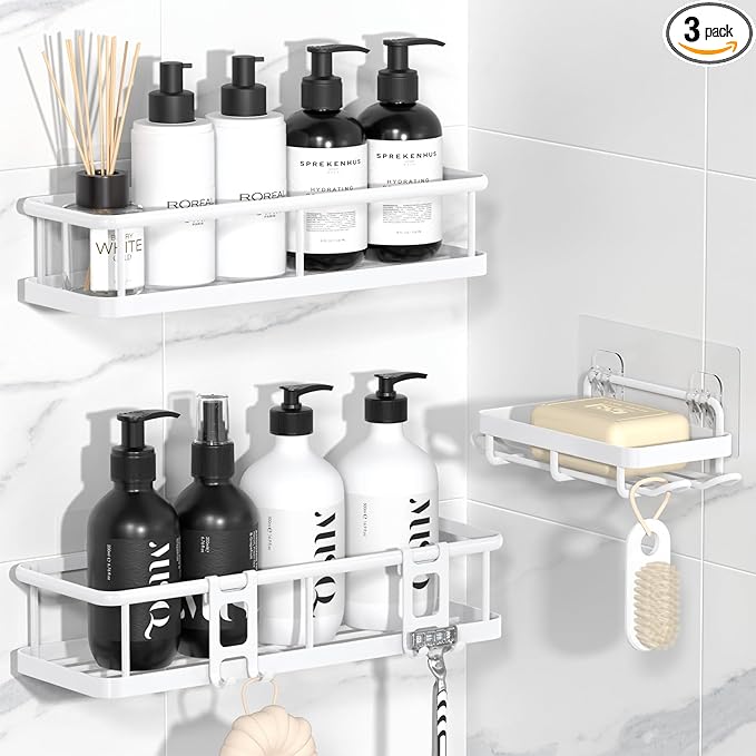 YASONIC Shower Caddy Adhesive, No Drill Bathroom Shower Organizers, with Removable Hooks and Soap Holder, Rust Proof Shower Shelves, Wall-Mounted Shower Holder, White, 3 Pack, YS-K-419E
