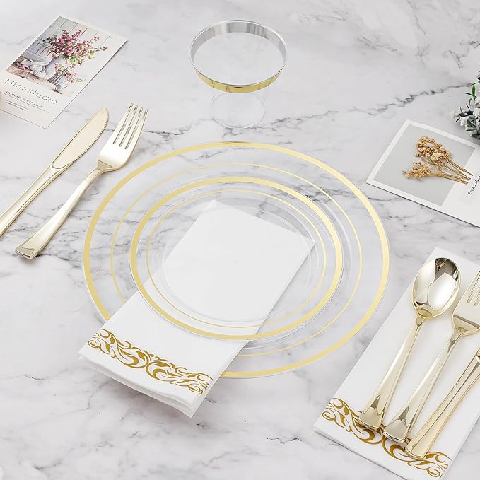 BESTVIP 100PCS 7 Inch Clear Plastic Dessert Plates, Small Disposable Salad Plate with Gold Rim, Heavy Duty Plastic Small Cakes Plates for Party, Wedding and Birthday, Events