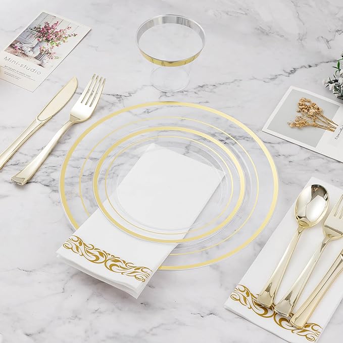 BESTVIP 50PCS 7" Clear Gold Plastic Plates, Small Disposable Salad Dessert Plate with Gold Rim, Heavy Duty Disposable Plastic Plates for Party, Wedding and Birthday, Events