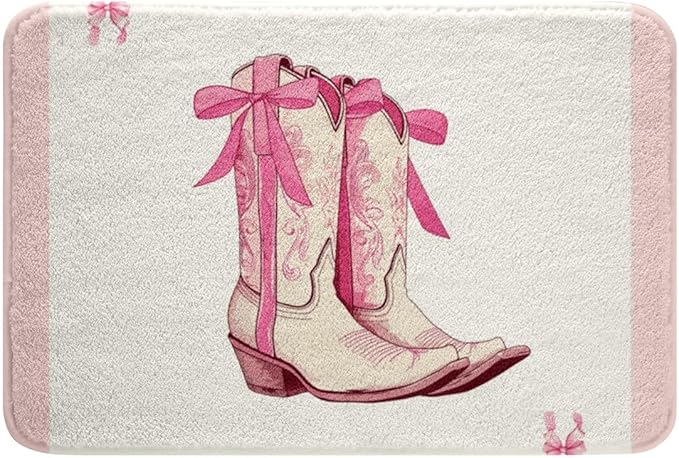 Western Cowgirl Kids Bath Mats,Cowgirl Boots Bowknot Pink White Mats Rugs for Girls,Bow Tie Paisley Baroque Tribal Bath Carpets,Rustic Retro Bath Rugs,Absorbent Floor Mats,20Wx32L Inches