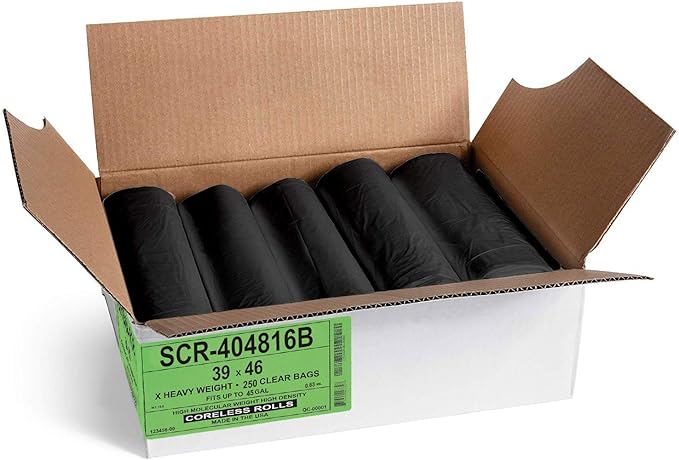 Aluf Plastics 45 Gallon 16 Micron (eq) Black Trash Bags - 39" x 46" for Home, Office, & Bathroom (Pack of 250)
