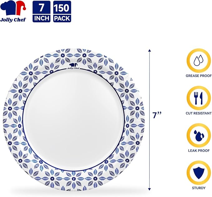 JOLLY CHEF 7 inch Disposable Paper Plates 150 Count, Soak Proof, Cut Proof, Heavy Duty Paper Plates Ideal for Everyday Use
