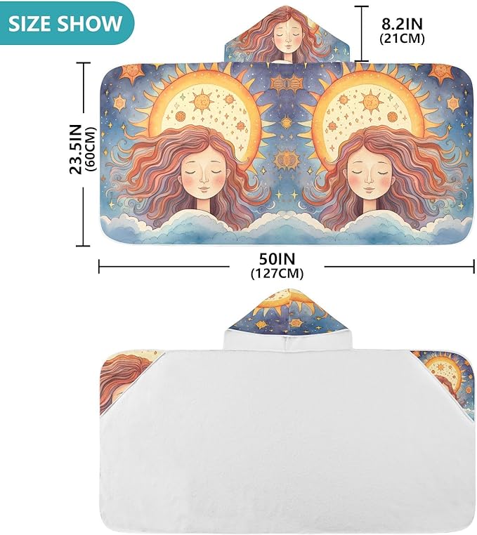 Hooded Towel for Kids Beautiful Girl Meditating Under The Sun Pattern Beach Wrap Bath Towels 50x23.5in