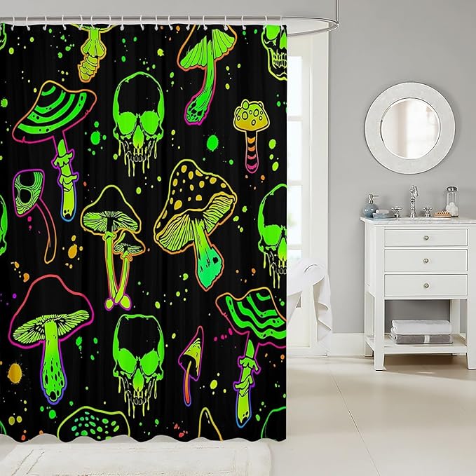 Feelyou Halloween Bath Curtain Cute Mushroom Decor Shower Curtain Sugar Skull Bathroom Shower Curtain Set for Boys Halloween Theme Fluorescent Style Kids Bathroom Accessories 72"x72"