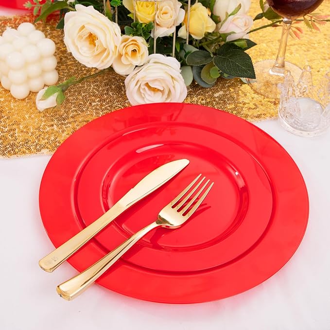 FLOWERCAT 60PCS Red Plastic Plates - Heavy Duty Red Plates Disposable for Party - Include 30PCS 10.25inch and 30PCS 7.5inch for 30 guests Birthday Party & Mother's Day &Events& July 4th