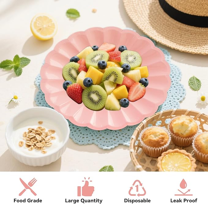 50Pcs Large Scalloped Light Pink Paper Plates 7Inch Shell Edge Dessert Plates for Cake Salad Fruit Disposable Dessert Serving Plates for Birthday Wedding Baby Shower Party Decorations