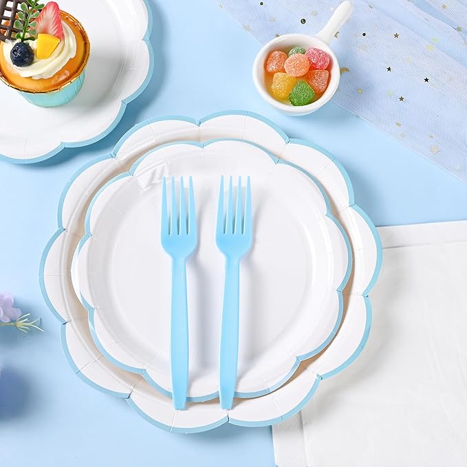 96 Pcs Light Blue and White Paper Plates and Napkins Set, Tableware set for 24 Guest include White Dessert Plates with baby Blue Scalloped Edge, Napkins and Forks for Baby Boy Shower,Wedding