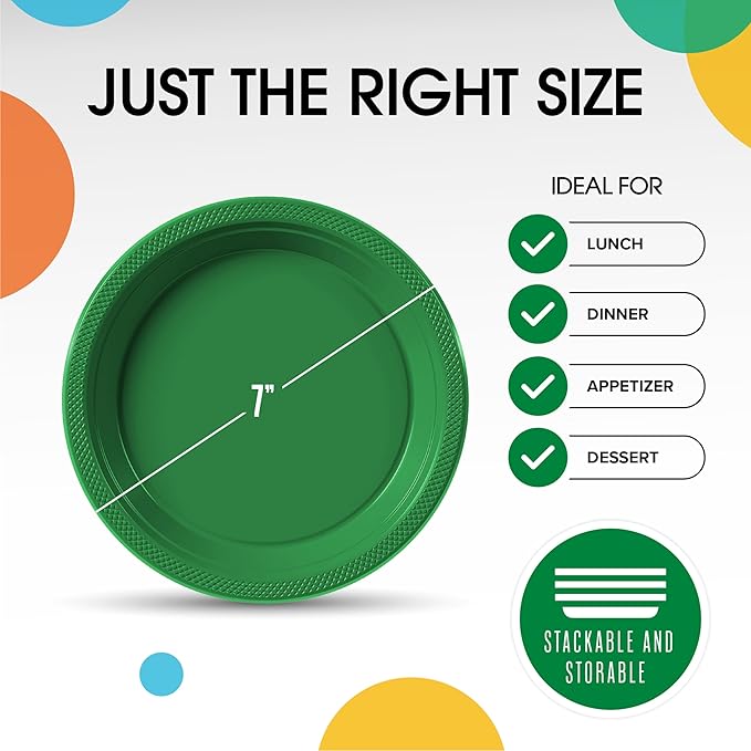Exquisite Party Solids Green Plastic Plates For Party Supplies 7" Green Disposable Plates Heavy Duty 50 Pcs Plastic Dinnerware Sets Heavy Duty 350 GSM Disposable Dinnerware Set