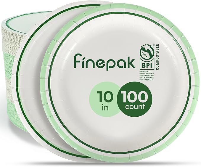 Disposable Paper Plates 10 Inch, 100PCS Paper Plates Bulk with Green Rims, Heavy Duty Paper Plates for Everyday Use, Picnic, BBQ, Microwave, Breakfast, Lunch & Dinner