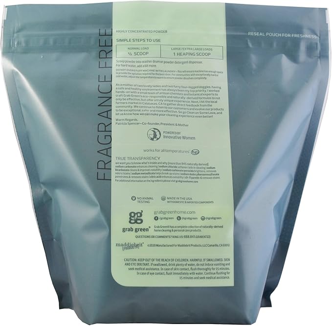 Grab Green 3-in-1 Laundry Detergent Powder, 4lbs -100 Loads, Fragrance Free, Plant and Mineral Based, Superior Cleaning Power, Stain Remover, Brightens Clothes, Packaging may vary