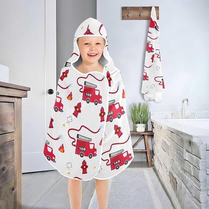 susiyo Kids Hooded Bath Towel Fire Truck Beach Towel for Kids 23.5 x 50 Inch Microfiber Soft Absorbent Quick Dry Bath Swim Pool Towel Wrap Poncho Bathrobe with Hood for Kids Toddler