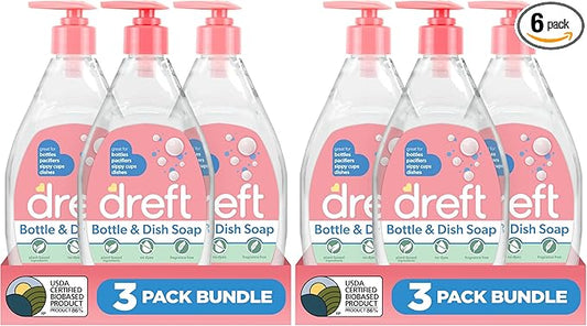 Dreft Bottle and Dish Soap | Made to Clean Baby Bottles,Sippy Cups,Pacifiers,Breast Pumps,& More | Gently Removes Milk Film & Odors-| Plant Based,Fragrance Free Dish Soap-| 18 Fl Oz,(Pack of 6)