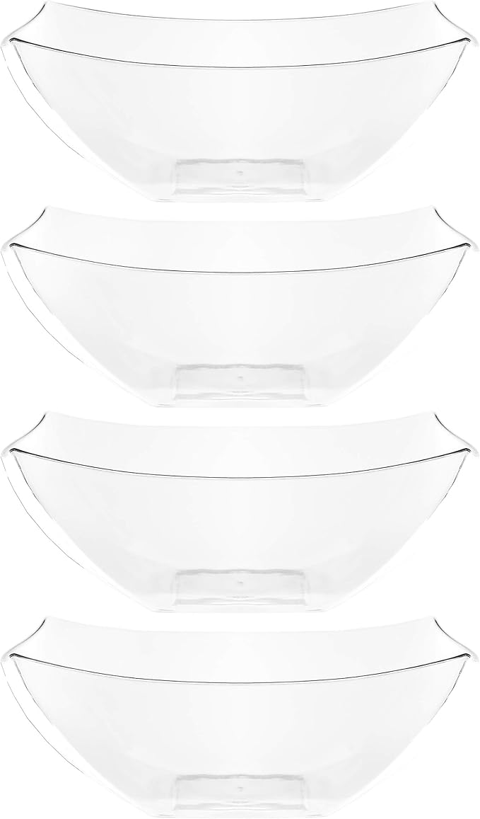 PLASTICPRO Disposable Square Serving Bowls, Party Snack or Salad Bowl, Plastic Clear or White Pack of 4 (16 OUNCE, Clear)