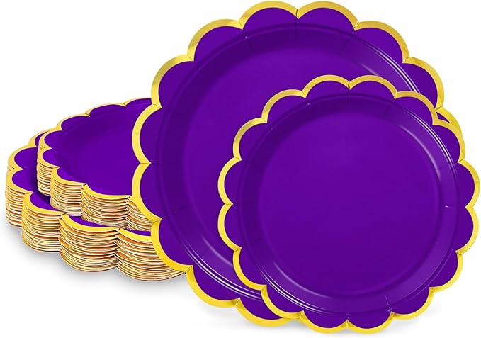 50 Pcs Purple Paper Plates, 25 Pcs 9" and 25 Pcs 7" Disposable Dark Purple Scalloped Plates with Gold Foil for Graduation Wedding Baby Shower Birthday Party Picnic BBQ