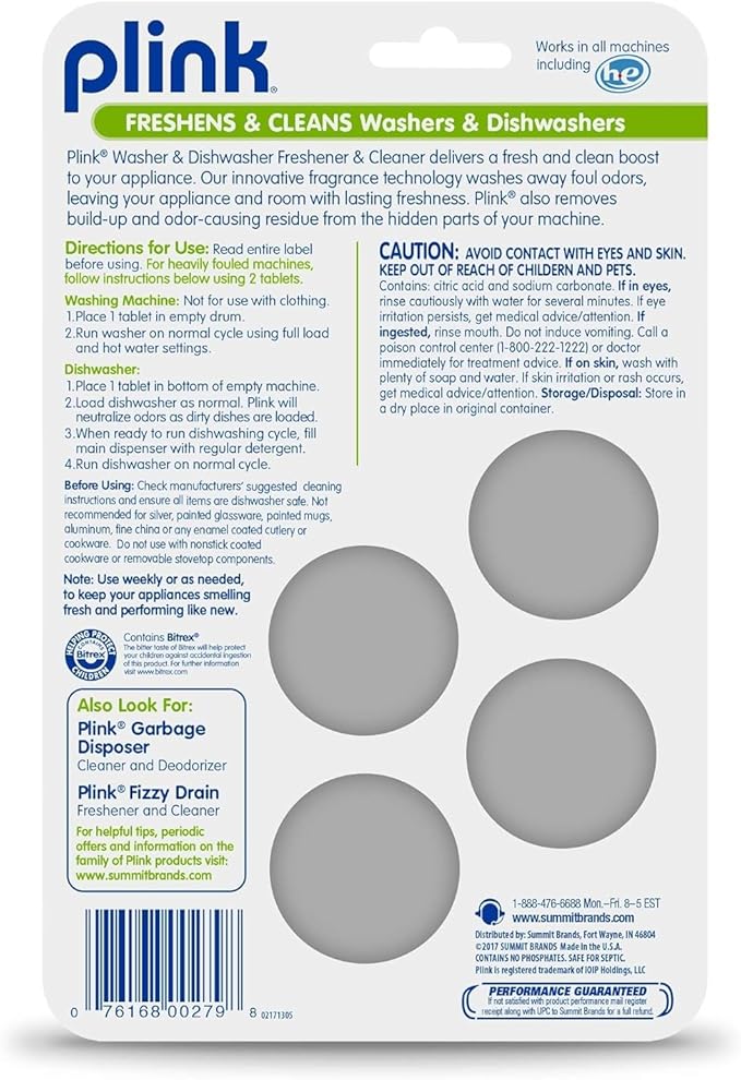 Plink-9024 Summit Brands Washer and Dishwasher Freshener Cleaner, 4 Tabs, Yellow, 1 Count (Pack of 8)