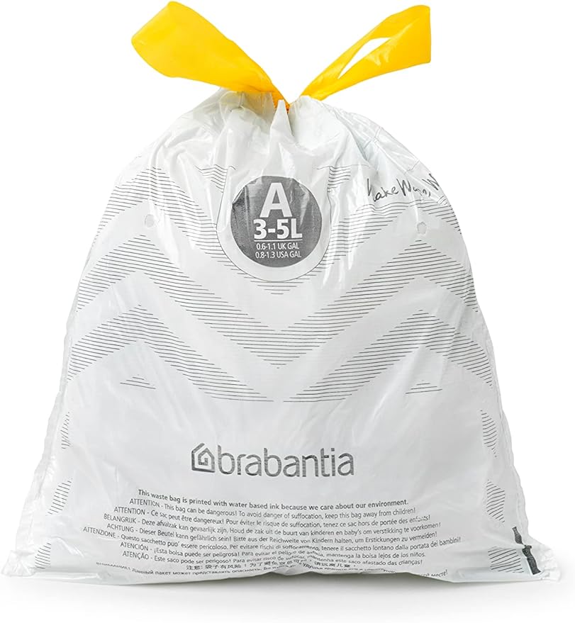 Brabantia PerfectFit Trash Bags (Size A/0.8 Gal) Thick Plastic Trash Can Liners with Drawstring Handles (200 Bags)