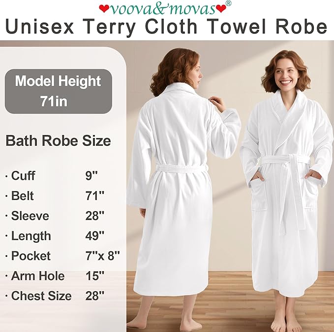 VOOVA & MOVAS Towel Robe for Men Women,Premium 100% Cotton Terry Shawl Collar Super Absorbent Unisex Bathrobe, Ideal Bathroom Robe,White