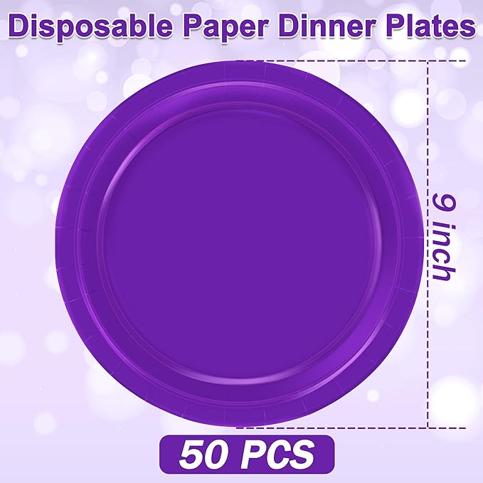 Disposable Paper Plates Set, 50 PCS Purple Dinner Paper Plates, Round 9 Inches Party Plates Pack for Daily Meal Picnic Anniversary Mardi Gras Carnival Festival Gathering Party Supplies