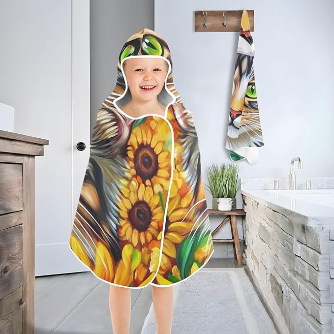 SUABO Kids' Bath Towels Sunflower Cat Hooded Towels for Boys Girls,Toddler Towels Multi-Purpose for Beach,Pool and Bathroom,23.5" x 50", Soft and Highly Absorbent