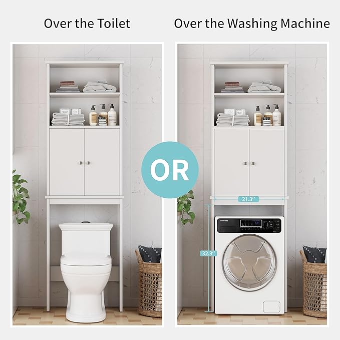 Shintenchi Over the Toilet Storage Cabinet, Bathroom Above the Toilet Rack, Bathroom Adjustable Shelf Organizer with Open Bottom Bar and Anti-Tip Device, White