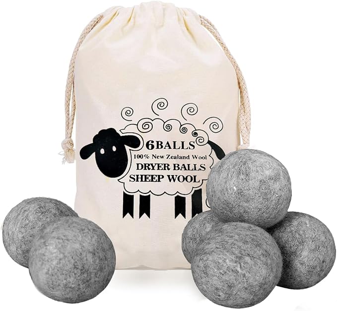 6 Pack Wool Dryer Balls Laundry Reusable Anti Static, Wool Laundry Balls for Dryer Reduces Clothing Wrinkles Natural Fabric Softener Last 1000+ Loads (Dark Grey, 2.75 in/7 cm)