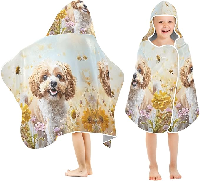 Hooded Towel for Kids Cockapoo Dog Standing in The Flowers Beach Wrap Bath Towels 50x23.5in