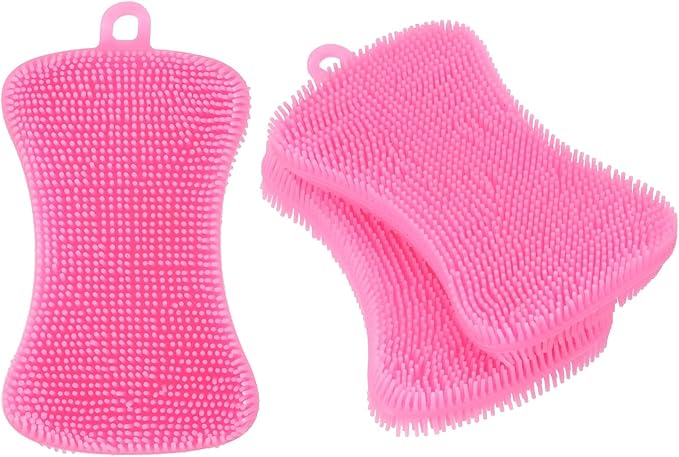 uxcell Silicone Dish Scrubber, 3 Pack Reusable Dishes Sponges Silicone Sponges Double Design for Kitchen Bathroom Cleaning Gadgets Accessories Countertop Cookware Pots Pans, Pink