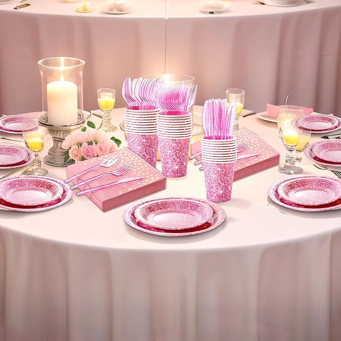 Hushee 175 Pcs Pink Holographic Print Party Supplies Guests Disposable Dinnerware Set Include Paper Plates, Napkins, Cups, Plastic Cutlery for Wedding Birthday Disco Bachelorette